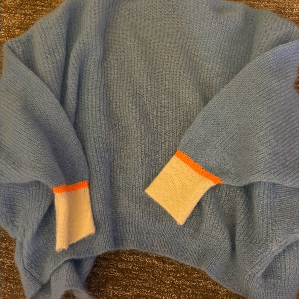 Essentials Women's Blue Cardigan with Orange and Cream Cuffs - Picture 3 of 3
